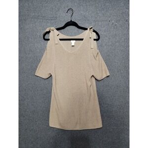 Chicos Cold‎ Shoulder Sweater Metallic Knit Bow Detail Short Sleeve Beige Size 2